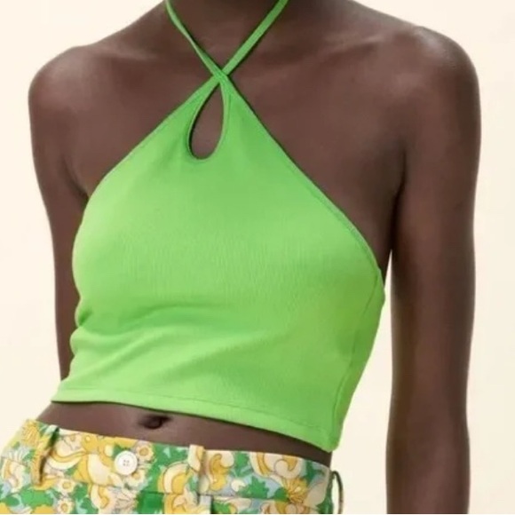 Zara Halter Top Ribbed Crop Top, Bright Green, Size Medium - Picture 1 of 5